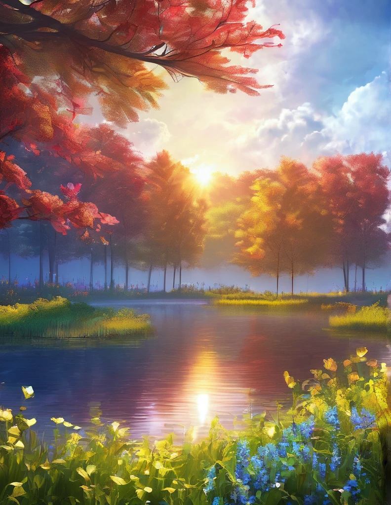 quality(8k wallpaper of extremely detailed CG unit, ​masterpiece, hight resolution, top-quality, top-quality real texture skin,hyper realisitic, digitial painting,increase the resolution,RAW photos，best qualtiy,highly detailed,the wallpaper),BREAK,8K, blue skys, sun, trees, flowers, lake 