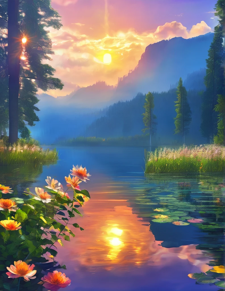 quality(8k wallpaper of extremely detailed CG unit, ​masterpiece, hight resolution, top-quality, top-quality real texture skin,hyper realisitic, digitial painting,increase the resolution,RAW photos，best qualtiy,highly detailed,the wallpaper),BREAK,8K, blue skys, sun, trees, flowers, lake 