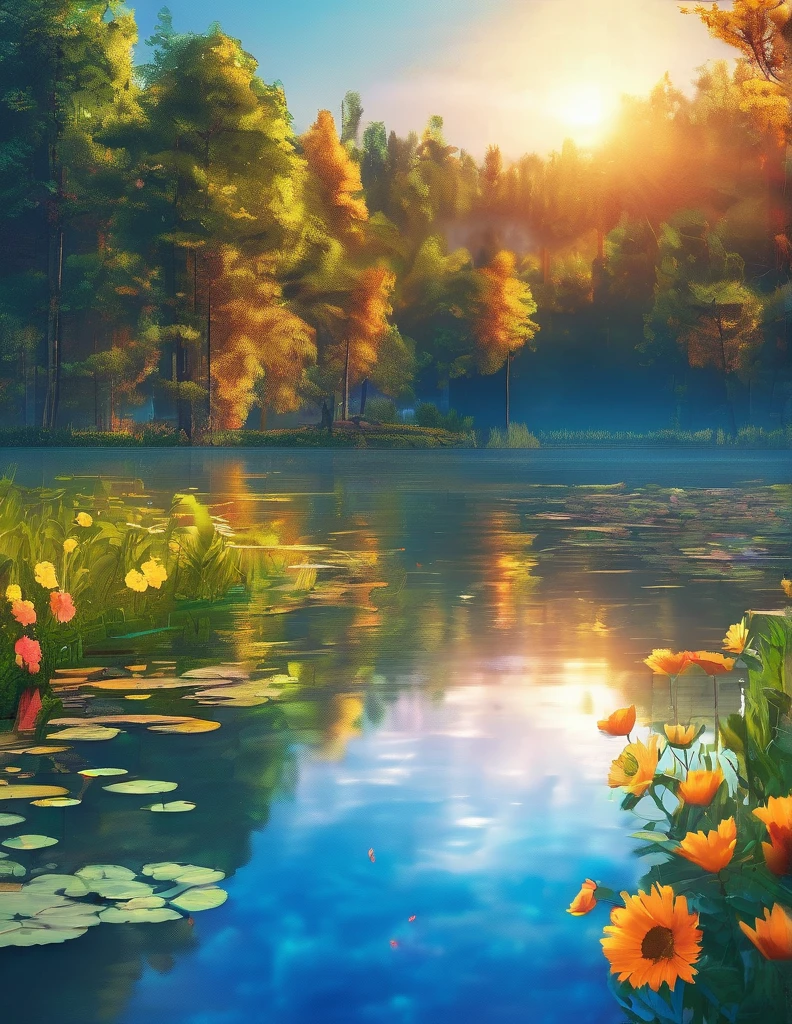 quality(8k wallpaper of extremely detailed CG unit, masterpiece, hight resolution, top-quality, top-quality real texture skin,hyper realisitic, digitial painting,increase the resolution,RAW photos,best qualtiy,highly detailed,the wallpaper),BREAK,8K, blue skys, sun, trees, flowers, lake