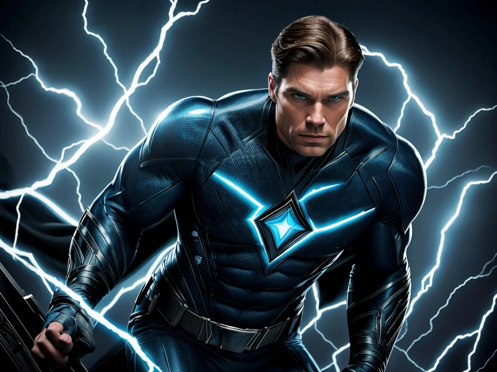 Anson Mount as Black Bolt, leader of the Inhumans, in a 1950s vintage setting, high resolution, hyper-detailed, chiaroscuro lighting, brooding expression, regal attire, glowing blue energy emanating from eyes and hands, dramatic shadows, rich cinematic colors, masterpiece