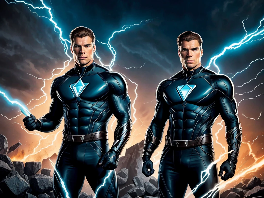 Anson Mount as Black Bolt, leader of the Inhumans, in a 1950s vintage setting, high resolution, hyper-detailed, chiaroscuro lighting, brooding expression, regal attire, glowing blue energy emanating from eyes and hands, dramatic shadows, rich cinematic colors, masterpiece