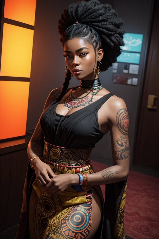 Portrait of a woman with tattoos in tebori style by tattoo artist Shike Iwasaki, wearing a colorful dress in an afrofuturism setting. Black hair styled with gel, detailed and vibrant long black hair. Cinematic lighting inspired by Lena Alexander, hyperrealistic digital painting by a combination of artists like Shike Iwasaki, Lena Alexander, and other afrofuturism influencers. High resolution, visually striking composition.