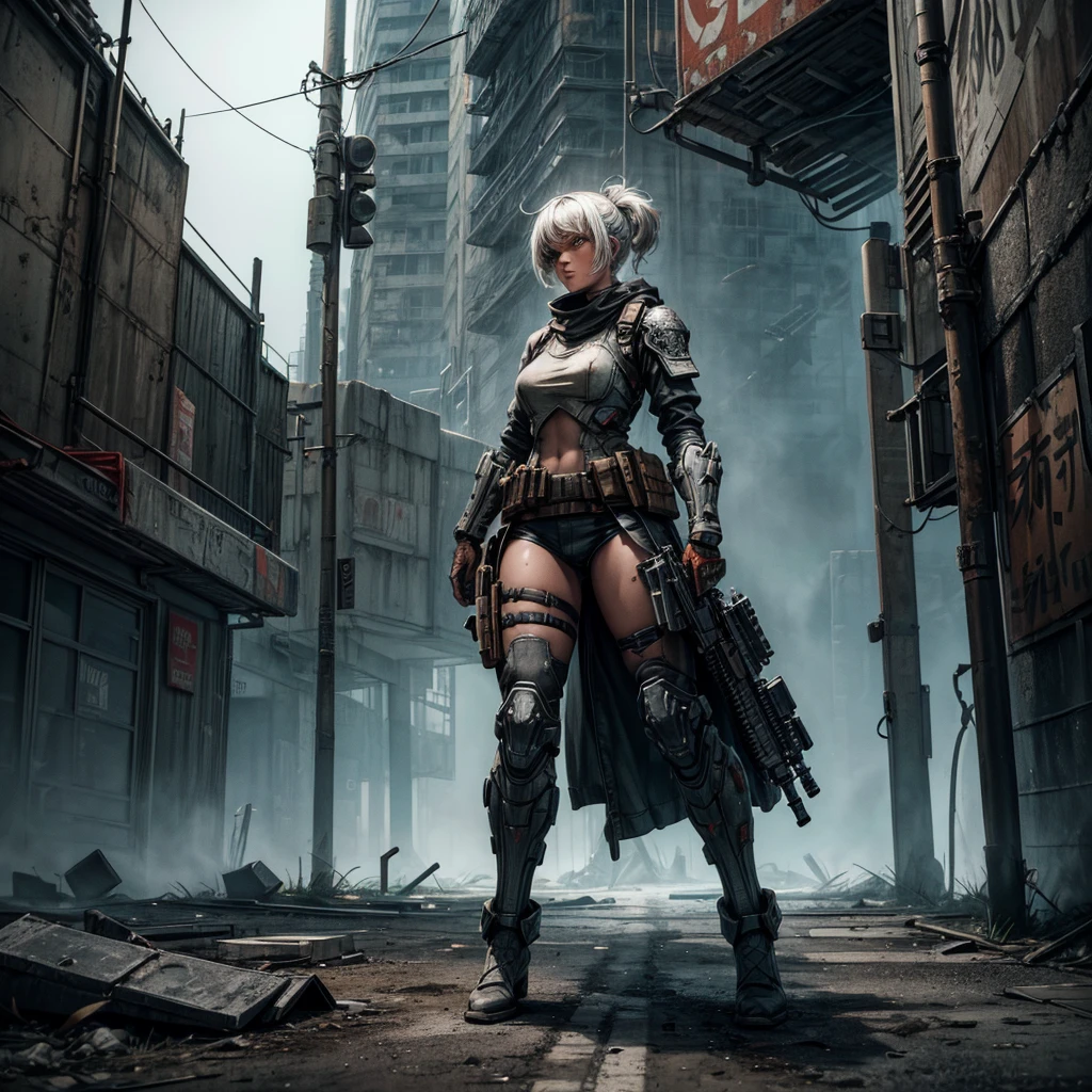 ((A futuristic female warrior wearing light armor and armed with an automatic assault rifle shooting at an unseen enemy beyond the view of the camera. The firefight takes place in an urban environment nearby concrete and steel buildings the warrior is using for cover from enemy fire)), ((post-apocalyptic)), ((dark low ambient light)), ((shooting weapon)), ((gunfire)), ((muzzle flashes)), ((bullet impacts)), ((worn and faded signage)), ((fog and mist)), industrial atmosphere of dark fantasy, superb render, sublime texturing, extreme detail and resolution, highly reflective surface textures, ((steel textures)), ((cement and stone textures)), ((rust textures)), centered and perfect presentation and composition, hypermaximalist, insanely detailed and intricate, 8k, RAW image, hyper resolution, minimal lighting, ambient occlusion style, rule of thirds