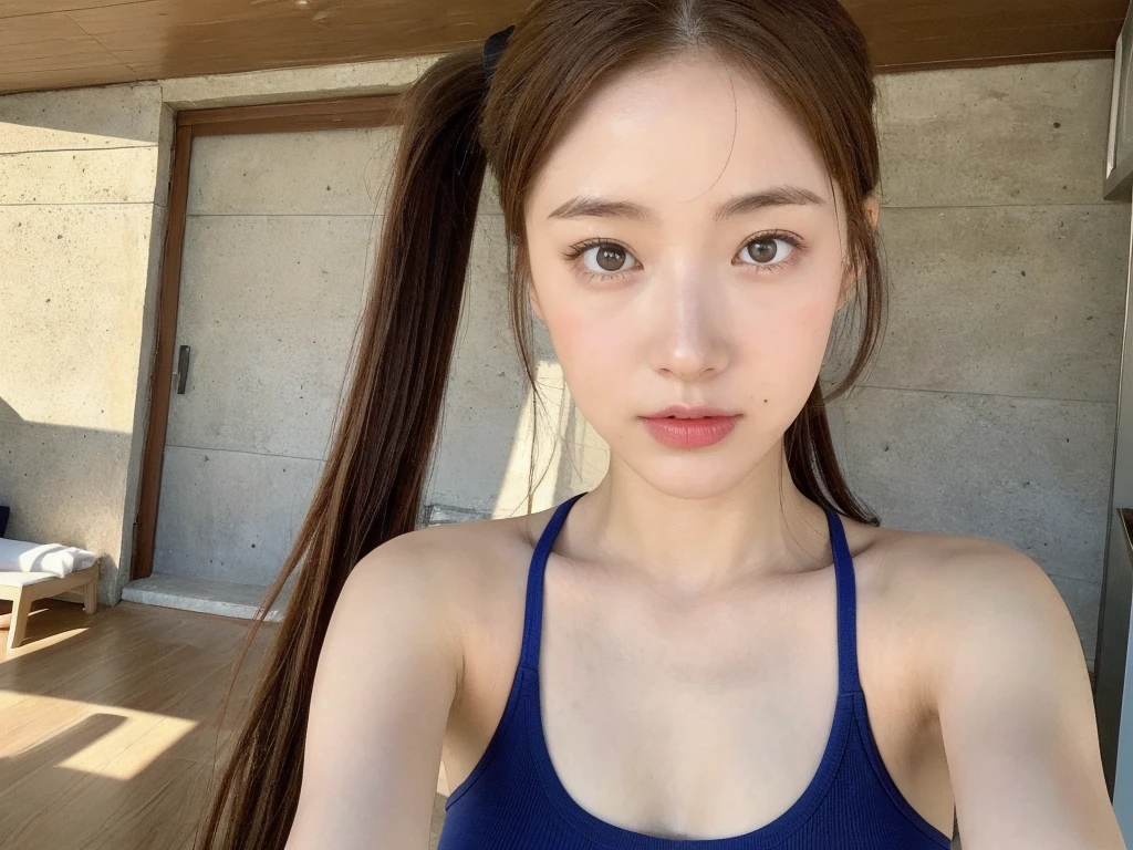 (lifelike, realistic, high resolution:1.3), 1 fille avec un corps parfait, Super fine face and eyes,Longhaire,pigtails, Very tight tank top in random colors:1.2, jupe courte, very big breasts,protruding breasts, Exposer le décolleté
