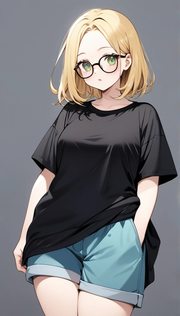 chubby girl, blonde, green eyes, medium length hair, open forehead, without bangs, glasses with black square frames
black oversize T-shirt, blue shorts above the knee