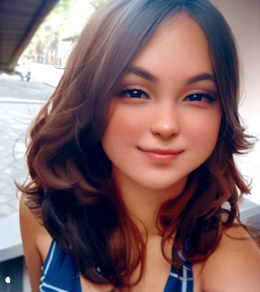 there is a woman in a blue , long hair, shorth hair, with brown hair, leaked photo, not blurry, about 14 years old, profile picture with headshot, portraite, desaturated!!, slight cute smile, leaked image, Cindy Avelino, not blurry