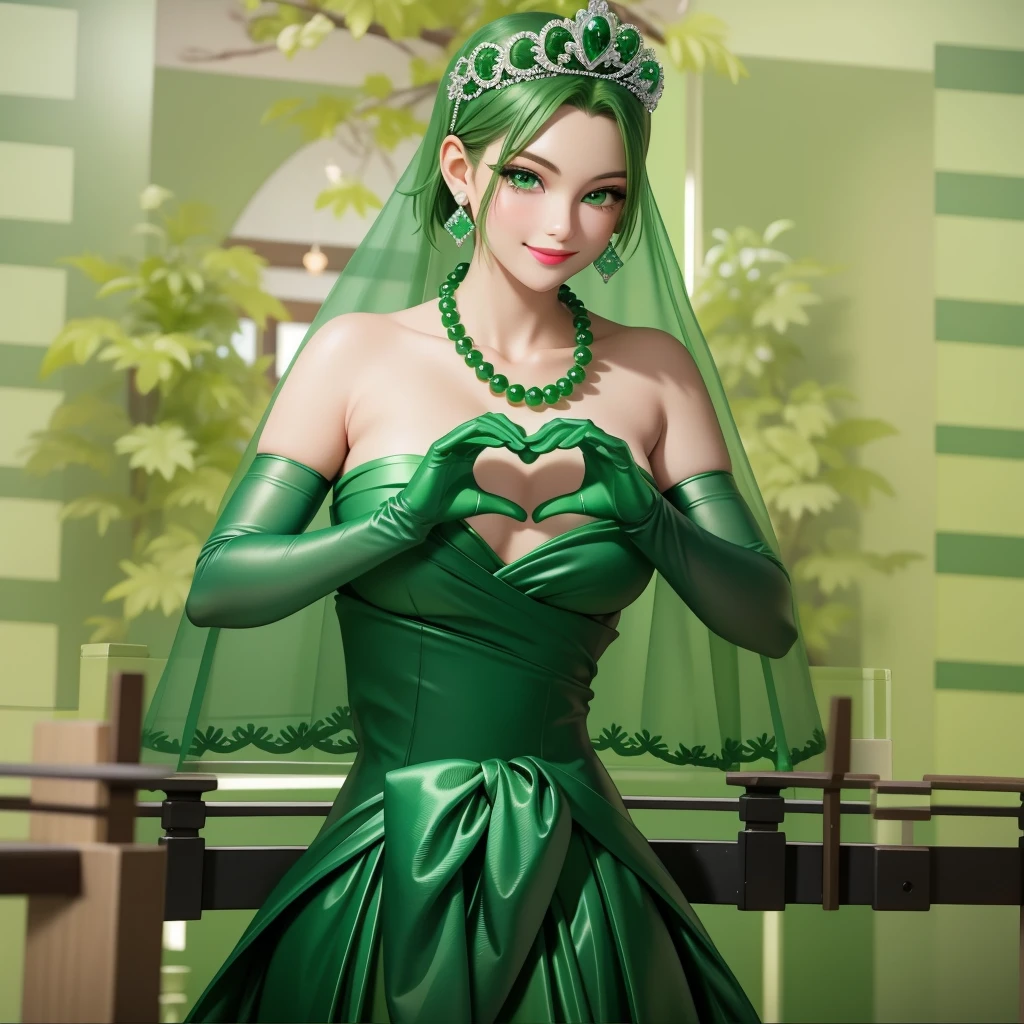 Emerald tiara, Green Pearl Necklace, ボーイッシュな非常に短いGreen Hair, Green Lips, Smiling Japanese woman, Very short hair, Busty beautiful lady, Green Eyes, Green satin long gloves, Green Eyes, Emerald Earrings, Green veil, Heart with both hands, Green Hair, Beautiful Japanese Woman, Heart shaped hands:1.3, green lip gloss