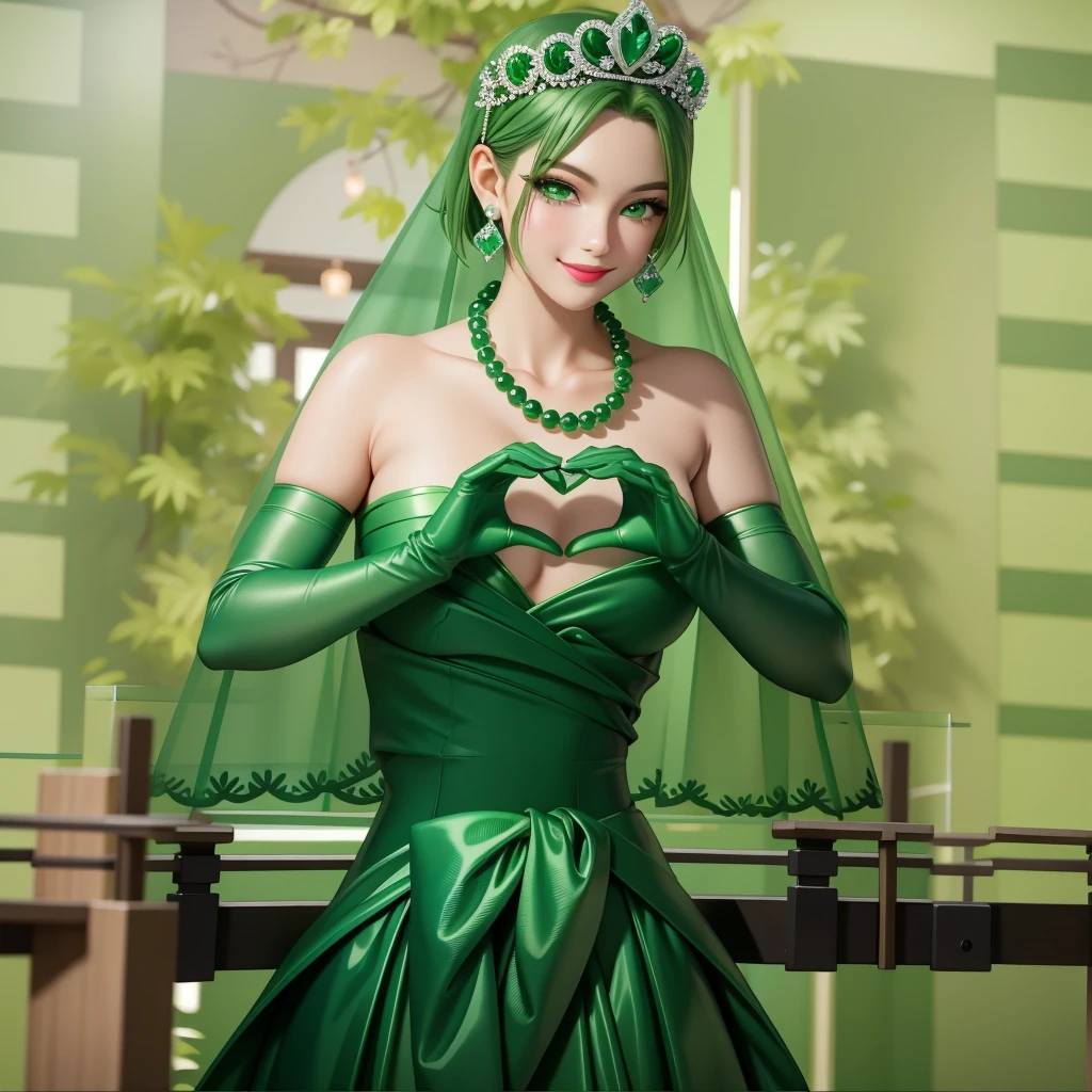 Emerald tiara, Green Pearl Necklace, ボーイッシュな非常に短いGreen Hair, Green Lips, Smiling Japanese woman, Very short hair, Busty beautiful lady, Green Eyes, Green satin long gloves, Green Eyes, Emerald Earrings, Green veil, Heart with both hands, Green Hair, Beautiful Japanese Woman, Heart shaped hands:1.3, green lip gloss