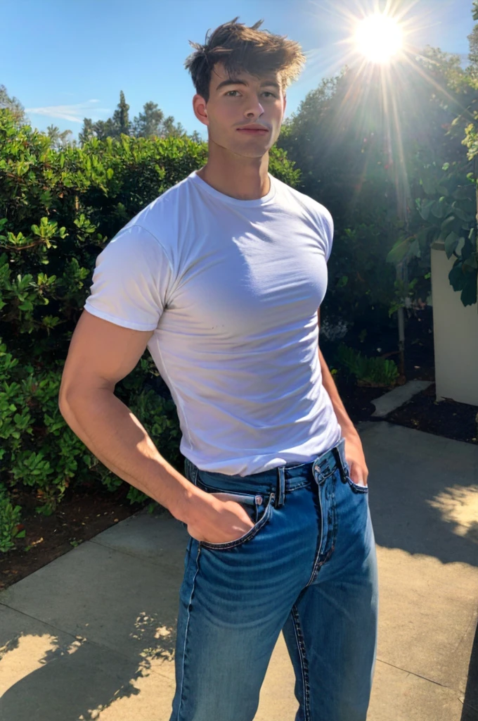 a handsome boy, masculine, realistic, upper_body, (masterpiece, best quality:1.2), darelljones, elegant pose, white shirt, blue jeans, outdoors, natural light,, (masterpiece,best quality:1.5)