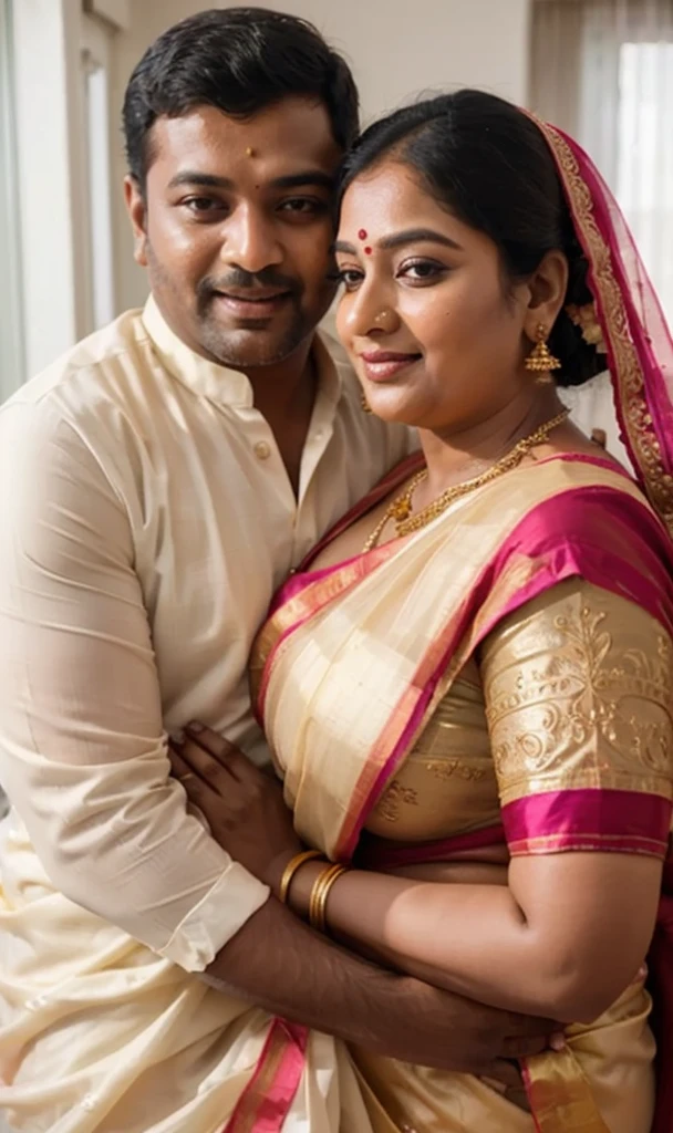 A radiant, full-figured South Indian 45 year old bride ( surrounded by a group of men)wearing a  cream colour silky saree standing in a living room, , captured in a full-body image with vibrant hues and meticulous details. Full body image