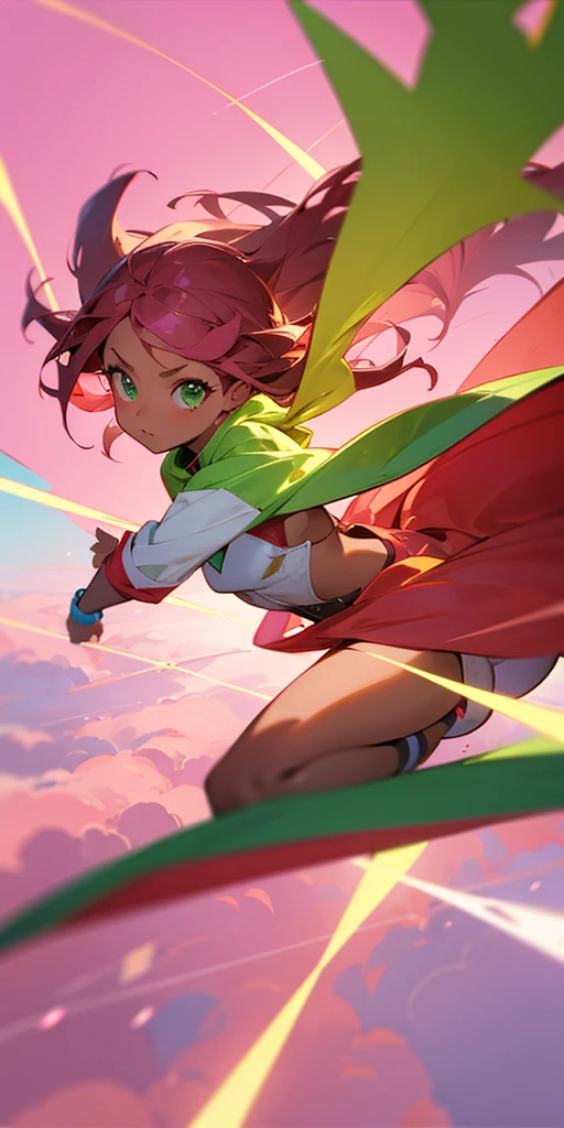 Cute brown Woman, brown skin, with very pink hair, green eyes like light, flying, sky Background