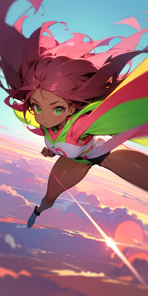 Cute brown Woman, brown skin, with very pink hair, green eyes like light, flying, sky Background