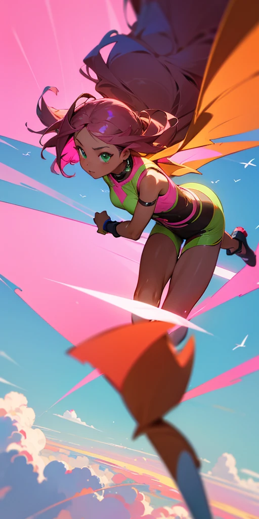 Cute brown Woman, brown skin, with very pink hair, green eyes like light, flying, sky Background