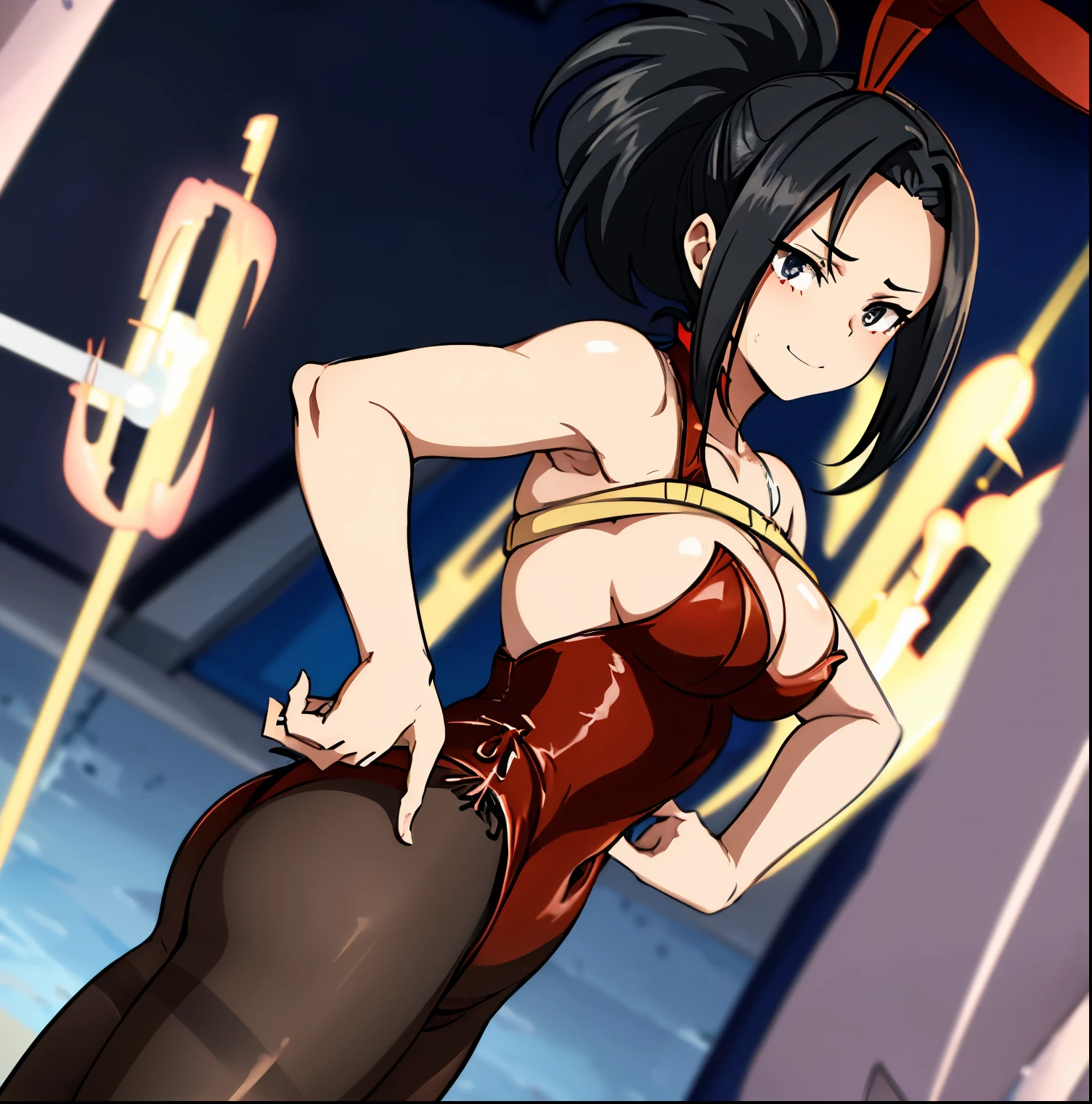 1girl,alone,momo yaoyorozu,masterpiece,best quality,high resolution,ultra detailed,detailed eyes,cowboy shot,dynamic posture,sharp focus,soft and smooth skin,seductive,smiling,closed mouth,looking at viewer,black hair , ponytail, hair tied back, black eyes, big breasts, medium waist, wide hips, wide thighs, round butt, long sleeves,((red Playboy bunny suit:1.3)),((cleavage)),shoulders bare, (( roha headband:1.3)), alone, ((red rabbit ears)), ((black pantyhose:1.4)), ((cleavage1.4)), red heels, smile, standing, direct,( hands on hips), sweat, steaming body, interior, casino, leaning on poker table, coin slot machines, Looking back, from behind, ((focus on butt)) pov (from below), perfect anatomy, hands perfect