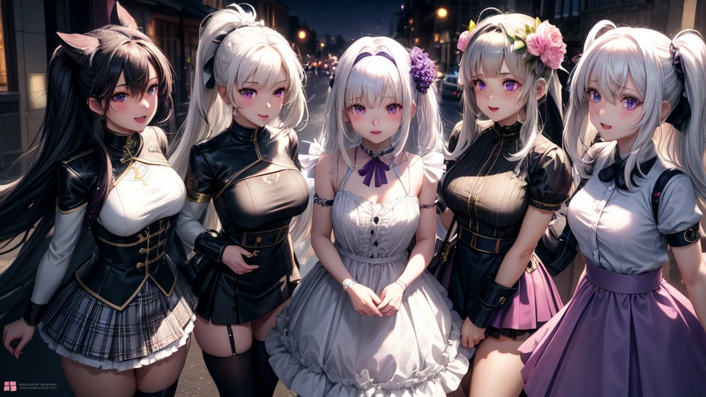 Practical, Multiple Girls, White hair, Purple Eyes, Glowing eyes, Top of crop, skirt, Open your mouth, blush, night, Flowers, sun, sunlight,Multiplayer