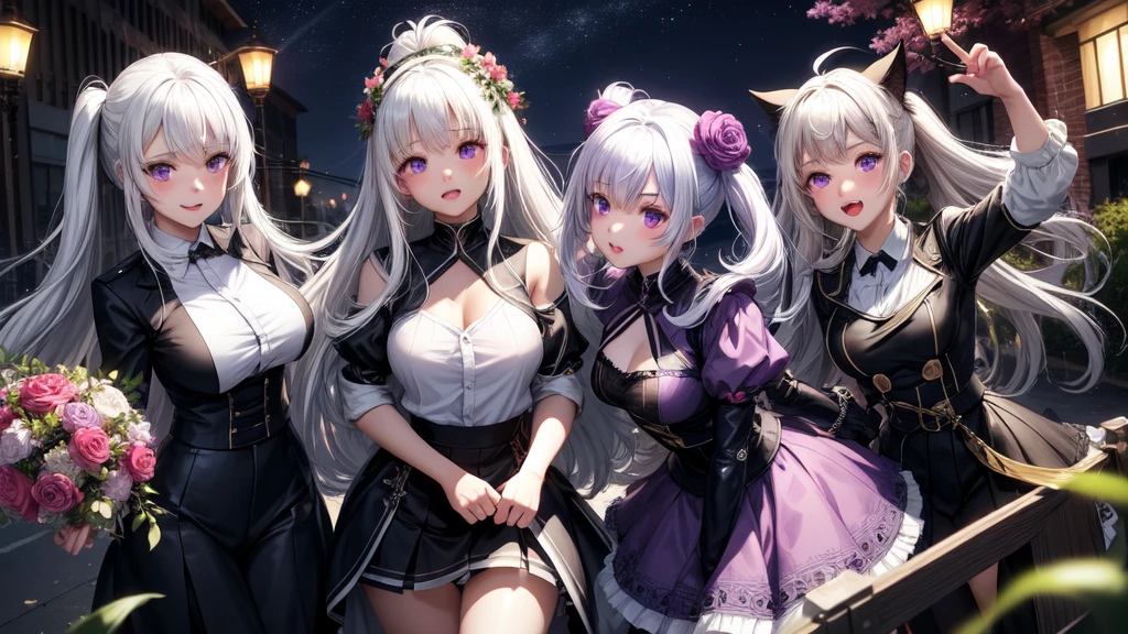 Practical, Multiple Girls, White hair, Purple Eyes, Glowing eyes, Top of crop, skirt, Open your mouth, blush, night, Flowers, sun, sunlight,Multiplayer
