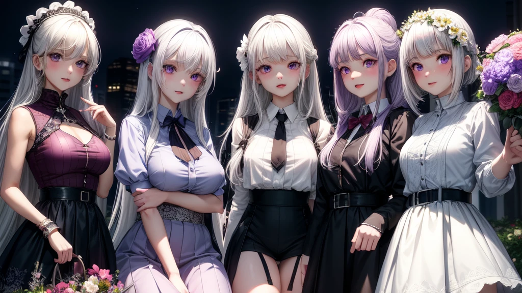 Practical, Multiple Girls, White hair, Purple Eyes, Glowing eyes, Top of crop, skirt, Open your mouth, blush, night, Flowers, sun, sunlight,Multiplayer
