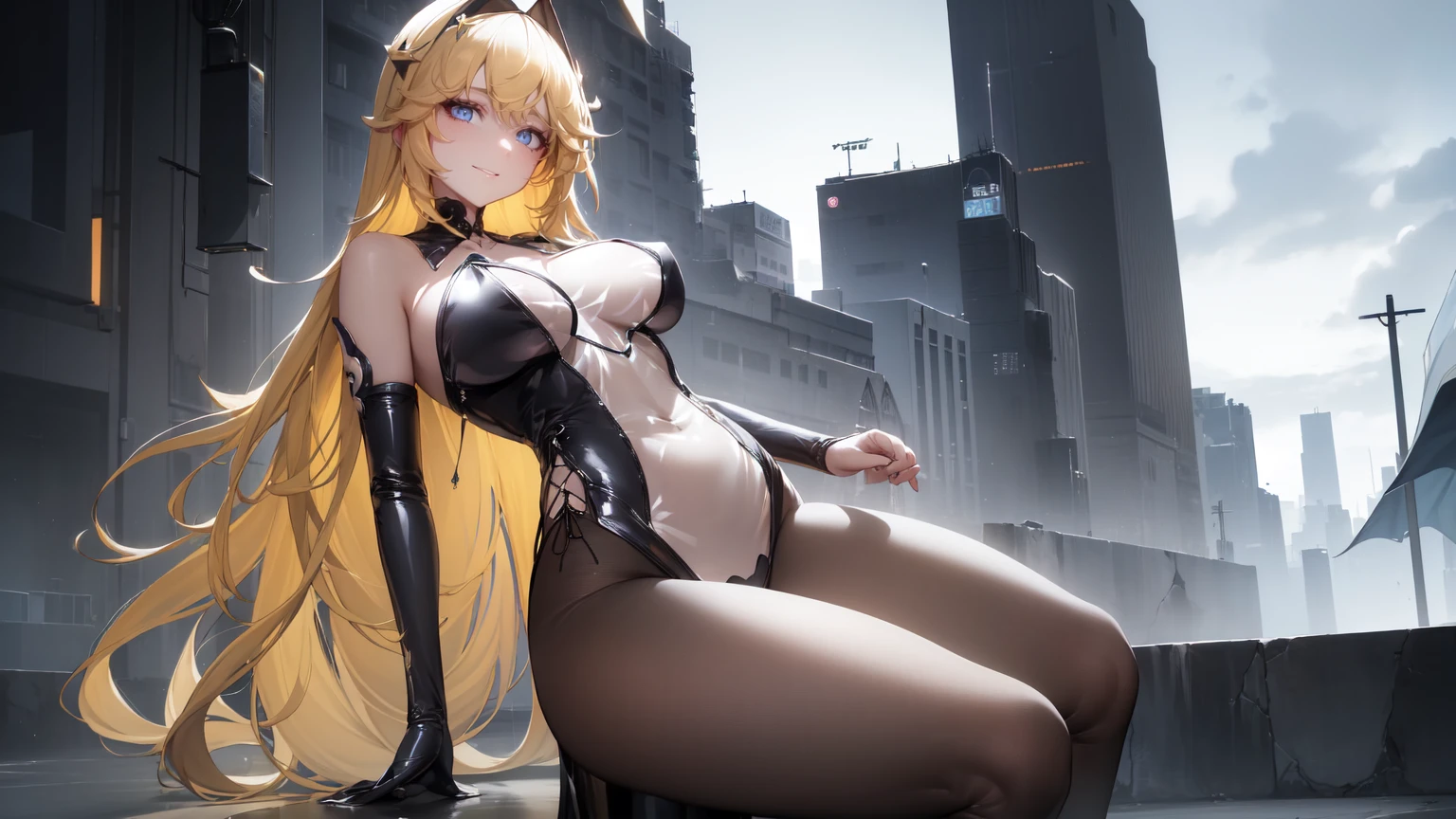((((Obra maestra, La mejor calidad, ultrahigh resolution)))), 1girl, standing, (sexy latex costume), ((long yellow hair, yellow hair over eye)), long hair cut, shiny skin, ((blue eyes)), glowing_eyes, neon eyes, (ultra detailed eyes:0.7, beautiful and detailed face, detailed eyes:0.9), ((centered)), smile, ((wide shot)), facing viewer, ((vibrant background, bright lighting, summer, sunlight)), flat chested, looking at viewer, ((half closed eyes)), ((perfect hands)), (((head:1, arms, hips in view, elbows, arms, legs, in view))), ((hands behind back)), empty eyes, beautiful lighting, ((outside, outdoors)), defined subject, head tilt, (((gritty)), ((creepy)), ((cool)), ((beautiful)), (((SFW))), seductive smile, seductive woman, sexy woman, teasing, Translucent Bunnysuit, wearing nothing, open chest, open shoulders, translucent stocking,