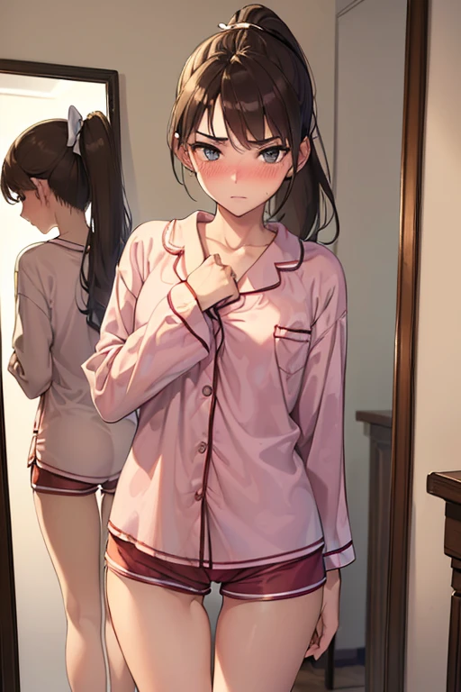 ((Best quality)), ((masterpiece)), (detailed), (((perfect face))), (((Slim 18 year old teenage girl))), (((thin thighs))), (((thin thighs))), (((wear pajama shorts))), ((brunette)), (((ponytail))), ((shy:1.3)), ((blushing:1.1)), ((standing)), (((wardrobe and mirror in the background))), ((suburban teenager&#39;s bedroom)), ((sun through the window)), ((girl looking to the side)), ((bare belly))