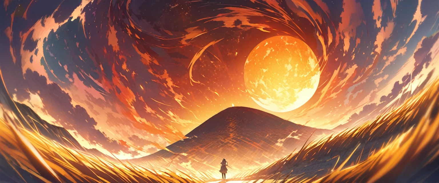 As the sun begins its descent, casting a warm, golden hue across the horizon, imagine standing amidst a vast expanse of cornfields. The stalks, gently swaying in the evening breeze, create a mesmerizing pattern against the sky. With an ultra-wide-angle perspective, the scene unfolds dramatically. The sun, a fiery orb, dips lower, painting the clouds with shades of orange, pink, and purple. The rows of corn stretch endlessly, converging toward a focal point on the horizon where the sun kisses the earth. Shadows lengthen, adding depth and contrast to the landscape. It's a moment of serene beauty captured in a single frame, evoking a sense of awe and tranquility.