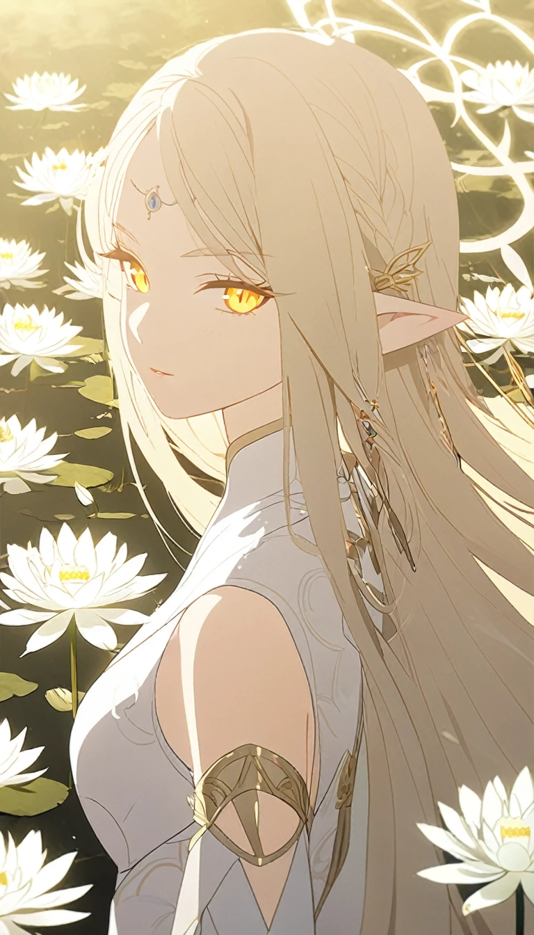 1woman, beautiful, elven ears, white god, light blonde hair, longest hairstyle, glowing yellow eyes, white lotus field, white light princess, elegant thai dress,