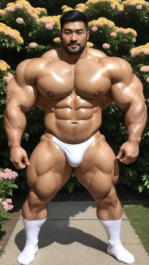 There is only one handsome Asian actor in the picture，30 years old，Tall and handsome, Toned body，short hair, O-Shaped Beard，Perfect body, Dark skin，Glowing skin，Smooth skin，The body is hairless，Muscle bulge, Muscular, Very large pectoral muscles，Very  abdominal muscles，Very well-developed leg muscles，Huge concave and convex area，Brightens oily skin，Wearing a gold leather shiny thong，Handsome face， Correct and accurate male body proportions, Wear white socks，Stand among the flowers。
