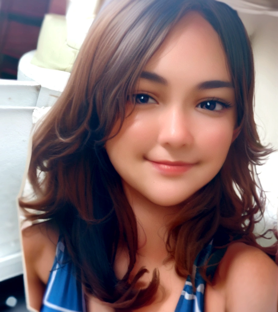 there is a woman in a blue bikini, long hair, shorth hair, with brown hair, leaked photo, not blurry, about 14 years old, profile picture with headshot, portraite, desaturated!!, slight cute smile, leaked image, Cindy Avelino, not blurry