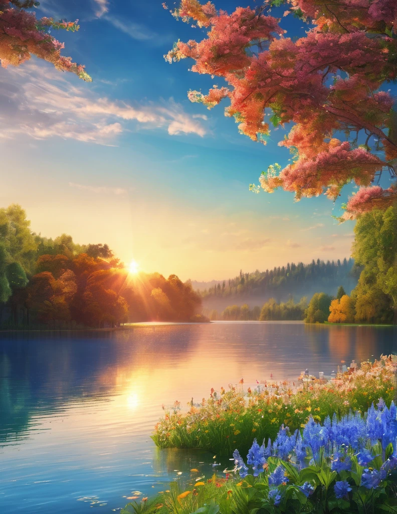 quality(8k wallpaper of extremely detailed CG unit, masterpiece, hight resolution, top-quality, top-quality real texture skin,hyper realisitic, digitial painting,increase the resolution,RAW photos,best qualtiy,highly detailed,the wallpaper),BREAK,8K, blue skys, sun, trees, flowers, lake