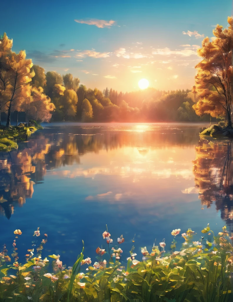 quality(8k wallpaper of extremely detailed CG unit, ​masterpiece, hight resolution, top-quality, top-quality real texture skin,hyper realisitic, digitial painting,increase the resolution,RAW photos，best qualtiy,highly detailed,the wallpaper),BREAK,8K, blue skys, sun, trees, flowers, lake 