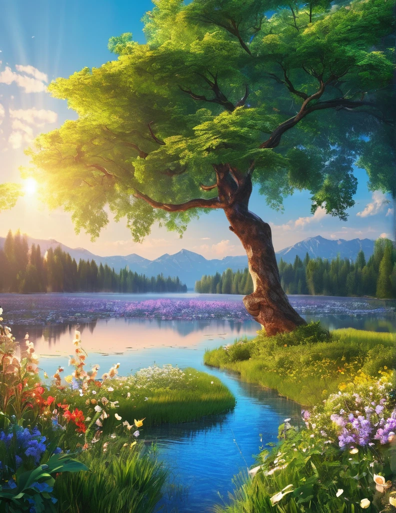 quality(8k wallpaper of extremely detailed CG unit, ​masterpiece, hight resolution, top-quality, top-quality real texture skin,hyper realisitic, digitial painting,increase the resolution,RAW photos，best qualtiy,highly detailed,the wallpaper),BREAK,8K, blue skys, sun, trees, flowers, lake 