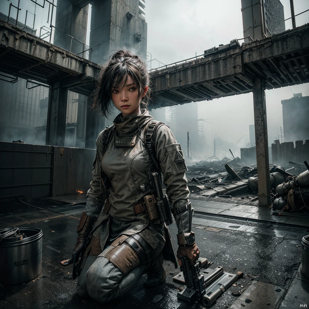 ((A futuristic female warrior wearing light armor and armed with an automatic assault rifle shooting at an unseen enemy beyond the view of the camera. The firefight takes place in an urban environment nearby concrete and steel buildings the warrior is using for cover from enemy fire)), ((post-apocalyptic)), ((dark low ambient light)), ((shooting weapon)), ((gunfire)), ((muzzle flashes)), ((bullet impacts)), ((worn and faded signage)), ((fog and mist)), industrial atmosphere of dark fantasy, superb render, sublime texturing, extreme detail and resolution, highly reflective surface textures, ((steel textures)), ((cement and stone textures)), ((rust textures)), centered and perfect presentation and composition, hypermaximalist, insanely detailed and intricate, 8k, RAW image, hyper resolution, minimal lighting, ambient occlusion style, rule of thirds