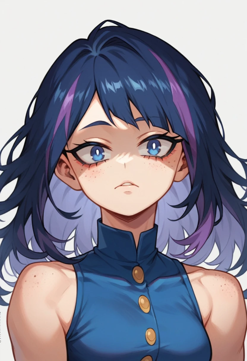 Screenshot of the anime Boku No Hero Academia, my hero academia a girl with a medium thin complexion and purple freckles with long blue almost black hair with purple highlights  , with sapphire blue eyes and purple stained purple villainous eyes long eyelashes 
