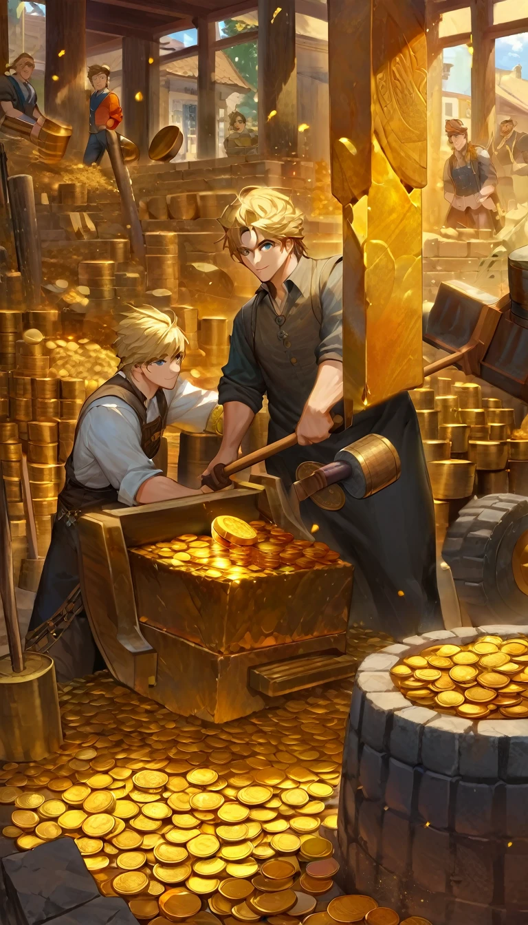 man works with hammer and chisel a large gold coin, around it there are seven other coins,(Dave Mckean inspired art, intricate details, oil painting)