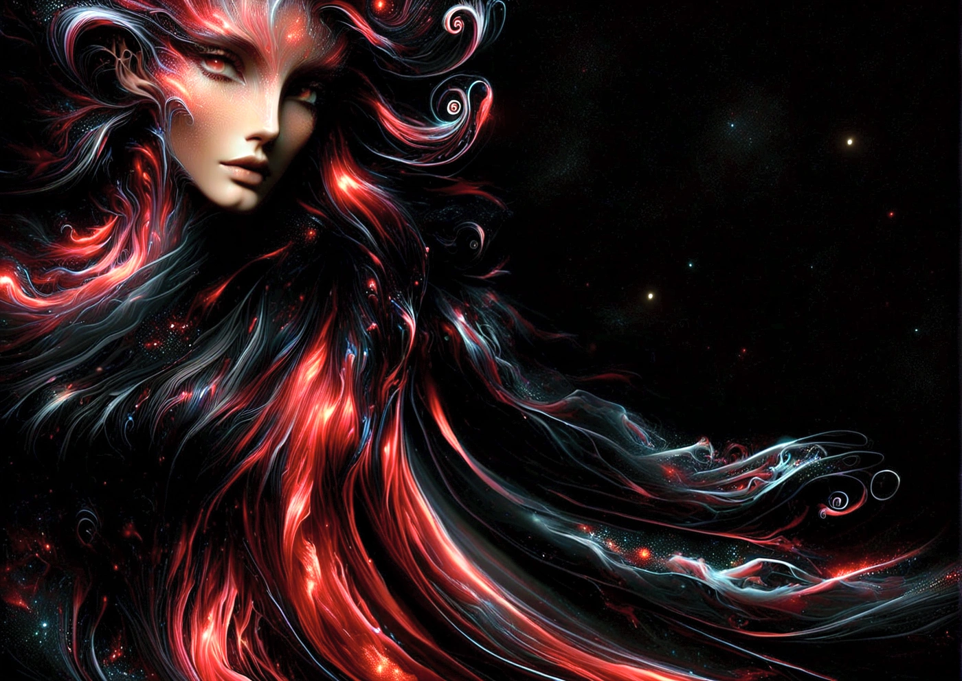 a close up of a woman with long hair and a black background, sultry digital painting, glossy digital painting, epic 3 d abstract emo girl, black and red hair, style digital painting, glowing flowing hair, red glowing hair, very long black/red hair, flowing black hair, black red long hair!, swirling black hair, gorgeous digital painting, black dynamic hair