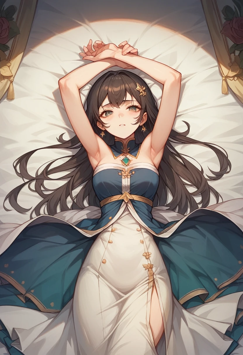 (Extremely detailed CG unified 8k wallpaper),(masterpiece), (Best quality), (Ultra Detailed), (Best Illustration),(The best shadow)，The girl was lying on the bed，Girl raises her hands above her head，Girl&#39;s arms tied together with rope，The legs are widely spread，The girl spreads her legs，Reluctant expressions，There are teardrops in the corners of the eyes