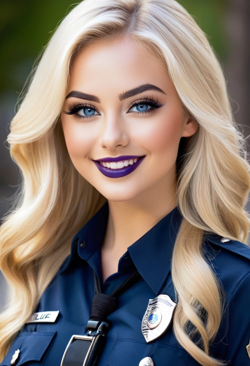 Create an image of the most stunningly gorgeous beautiful perfect sexy youthful woman, absolutely gorgeous face, long luscious eyelashes, black eyeliner, curved eyebrows, perfect makeup, lipstick, perfect complexion, beautiful silky smooth skin, long luscious platinum blonde hair, detailed sapphire eyes, beautiful hour glass body figure, smiling, sexy police outfit, full body view,