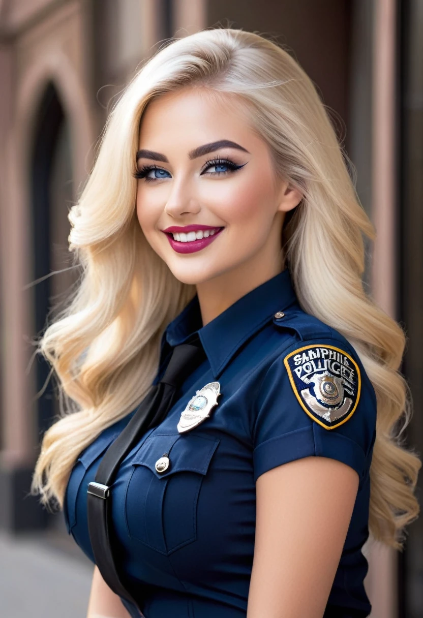 Create an image of the most stunningly gorgeous beautiful perfect sexy youthful woman, absolutely gorgeous face, long luscious eyelashes, black eyeliner, curved eyebrows, perfect makeup, lipstick, perfect complexion, beautiful silky smooth skin, long luscious platinum blonde hair, detailed sapphire eyes, beautiful hour glass body figure, smiling, sexy police outfit, full body view,