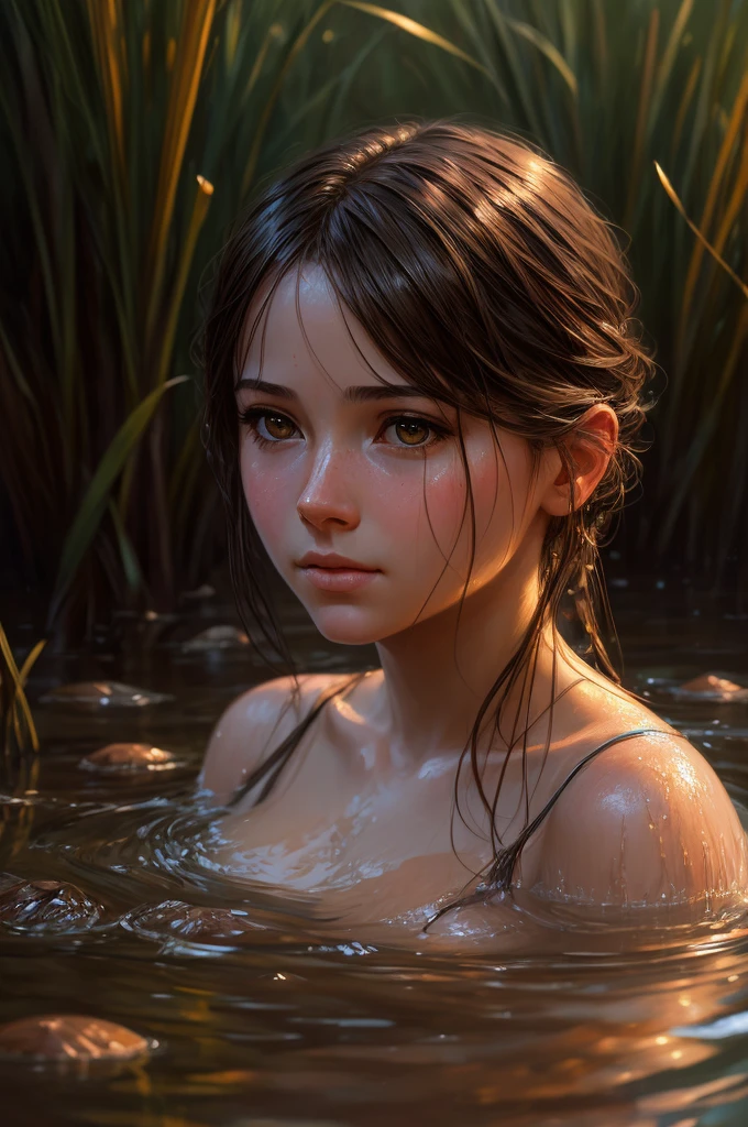 close up portrait of a cute girl face on (gldot) bathing in a river, [nude],reeds, (backlighting), realistic, masterpiece, highest quality, lens flare, shade, bloom, [[chromatic aberration]], by Jeremy Lipking, by Antonio J. Manzanedo, digital painting,
