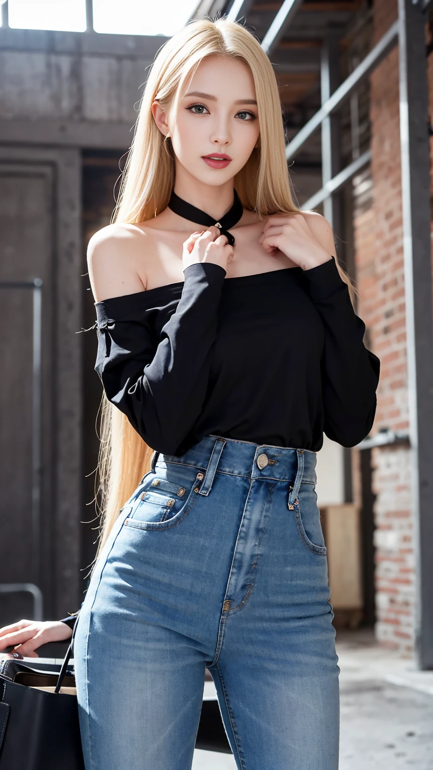 A slender blonde woman with long straight blond hair, blue colored eyes, black lipstick on the lips with a slight smile, wearing a loose black shirt that exposes the shoulders ,and jeans with black boots, is standing posing for a photo with hands on waist, the environment is the interior of a building under construction with bags of cement stacked with some bricks, sunlight illuminates the woman, In the background you can see the landscape of a city with buildings in the background, professional photography quality the image highlights the quality of the photography and the beauty of the woman's eyes and hair including her clothes the framing captures the entire woman standing.