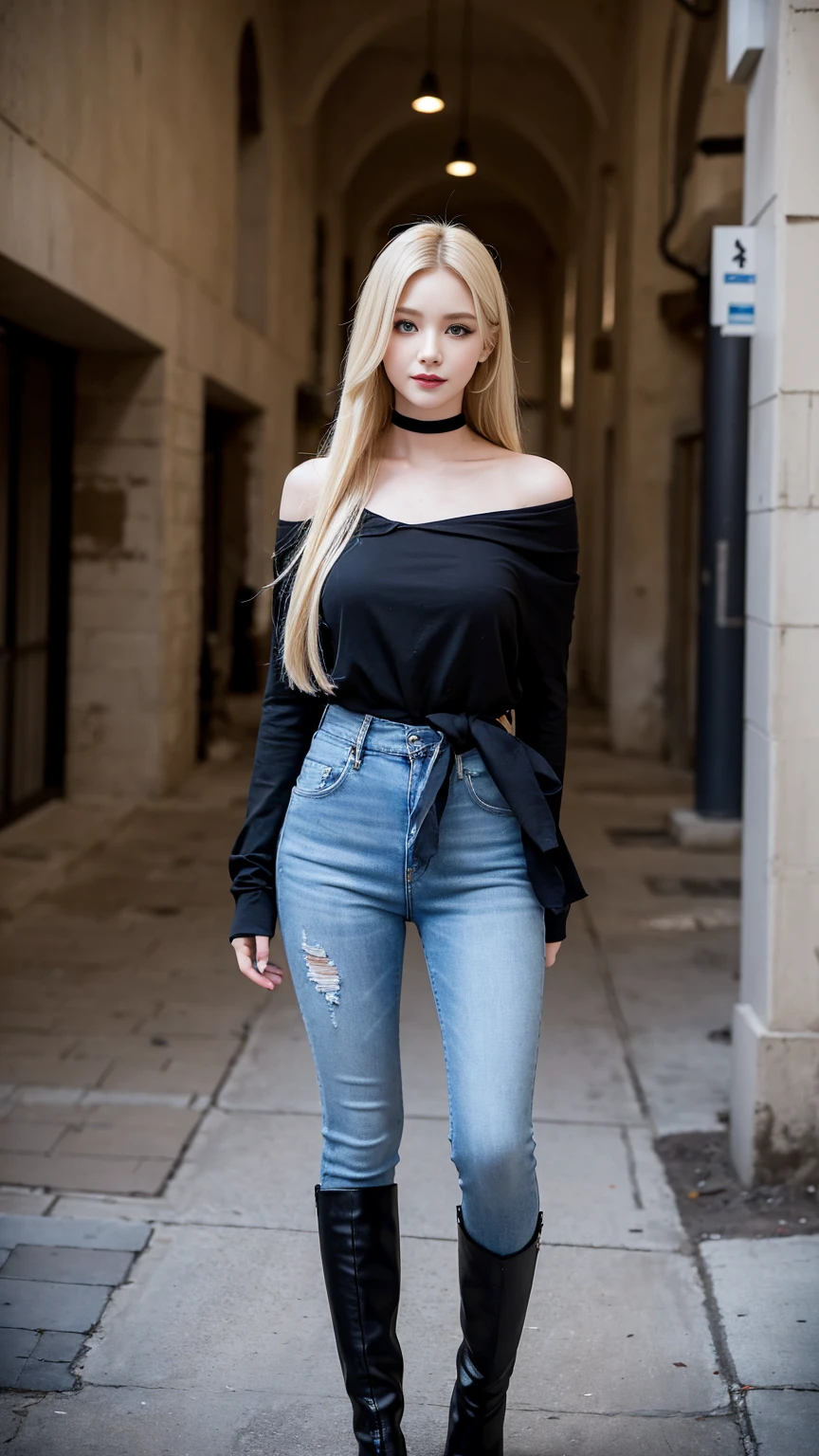 A slender blonde woman with long straight blond hair, blue colored eyes, black lipstick on the lips with a slight smile, wearing a loose black shirt that exposes the shoulders ,and jeans with black boots, is standing posing for a photo with hands on waist, the environment is the interior of a building under construction with bags of cement stacked with some bricks, sunlight illuminates the woman, In the background you can see the landscape of a city with buildings in the background, professional photography quality the image highlights the quality of the photography and the beauty of the woman's eyes and hair including her clothes the framing captures the entire woman standing.