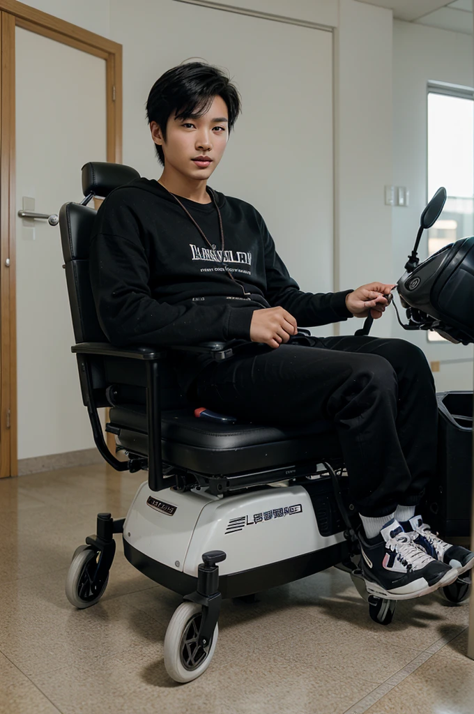 young Korean guy with a cute and handsome face, nice black hair and a sharp nose and fair skin. with a slim, disabled body in an electric wheelchair with a headrest and support for both legs. was at school accompanied by his girlfriend