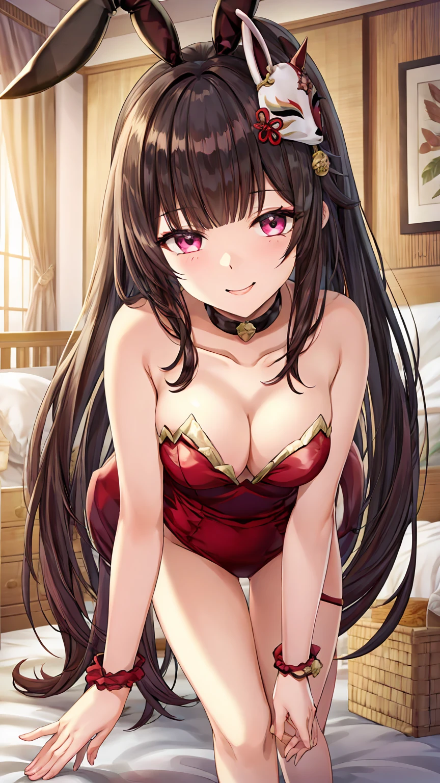 sparklehsr, mask on head, choker, single glove, bracelet, thigh strap break (lack playboy bunny, overexplosure:1.3), barefoot, barefoot, (on all fours:1.5), Half-closed eyes, (On the bed:1.4) break looking at viewer, (Cowboy Shot:1.5), smile,下から構figure, Thighs, セクシー break (masterpiece:1.2), Highest quality, High resolution, unity 8k wallpaper, (figure:0.8), (美しいFine grain:1.6), Highly detailed face, Perfect lighting, Highly detailed CG, (Perfect hands, Perfect Anatomy) break ((masterpiece,Highest quality)), Super detailed, Shine, Shine光, Ray Tracing, (Perfect Face, Detailed face, Fine grain, Perfect hands, Perfect Fingers:1.5), HD, Super cute face, Highest quality, Super detailed break Shine目, (Highest qualityの写実的なイラスト), (Super fine), (Cute illustrations:1.3), (High chroma:1.3),, Beautiful detailed face and eyes, Dynamic lighting, (Very delicate and beautiful) break (Nice hands), (Perfect hands:1.4), Highly detailed illustration, Super cute and beautiful, Highest quality, slender, ,Baby Face,