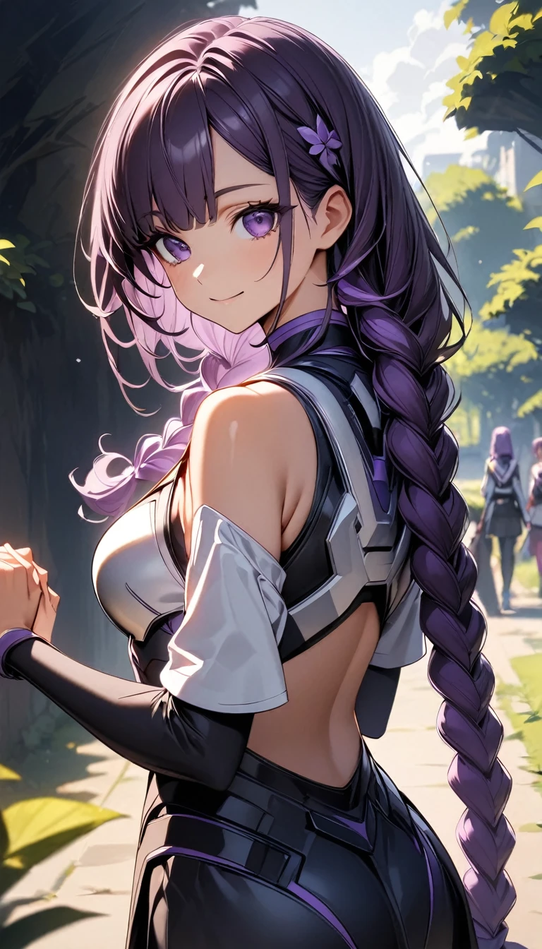 (of the highest quality:1.2, Very detailed, high detail, High contrast, Masterpiece:1.2, of the highest quality, Better aesthetics), 1 female, cyber suit, separate sleeves, bare shoulders, ((by white:1.4, Two-tone purple hair, long braided hair, White and purple hair accessories.:1.2, Dark purple bangs:1.1, asymmetrical bangs)), purple eyes, double eyelids, detailed face, loose braid, SMILE:1.2, indifference, gentle, back view, turn around, 肩ごしのSMILE, (((Backward, shake hands:1.2))), A park full of greenery, jet:1.2, White cloud, wide angle lens.