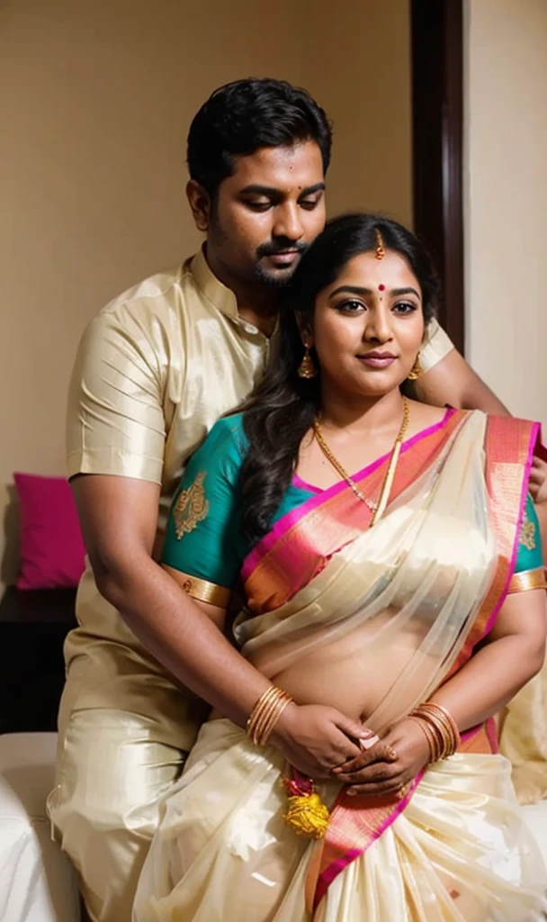 A radiant, full-figured South Indian 45 year old bride ( surrounded by a group of men)wearing a transparent cream colour silky saree standing in a living room, , captured in a full-body image with vibrant hues and meticulous details. Full body image