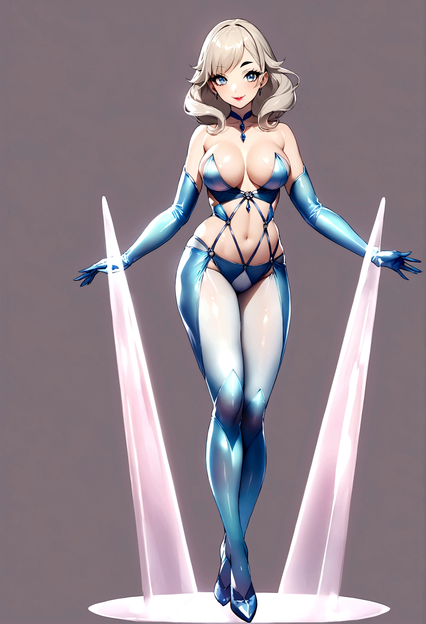 Create an image of the most stunningly gorgeous beautiful perfect ???? youthful woman, absolutely gorgeous face, long luscious eyelashes, black eyeliner, curved eyebrows, perfect makeup, lipstick, perfect complexion, beautiful silky smooth skin, long luscious platinum blonde hair, detailed sapphire eyes, beautiful hour glass body figure, smiling, ???? bondage strapless lingerie, full body view,