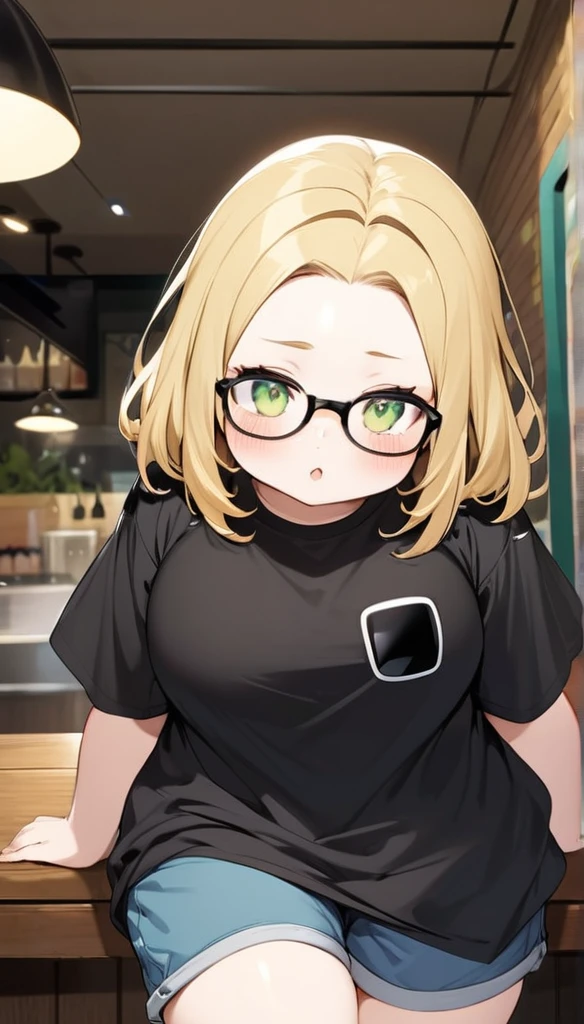 chubby girl, blonde, green eyes, medium length hair, open forehead, without bangs, glasses with black square frames
black oversize T-shirt, blue shorts above the knee