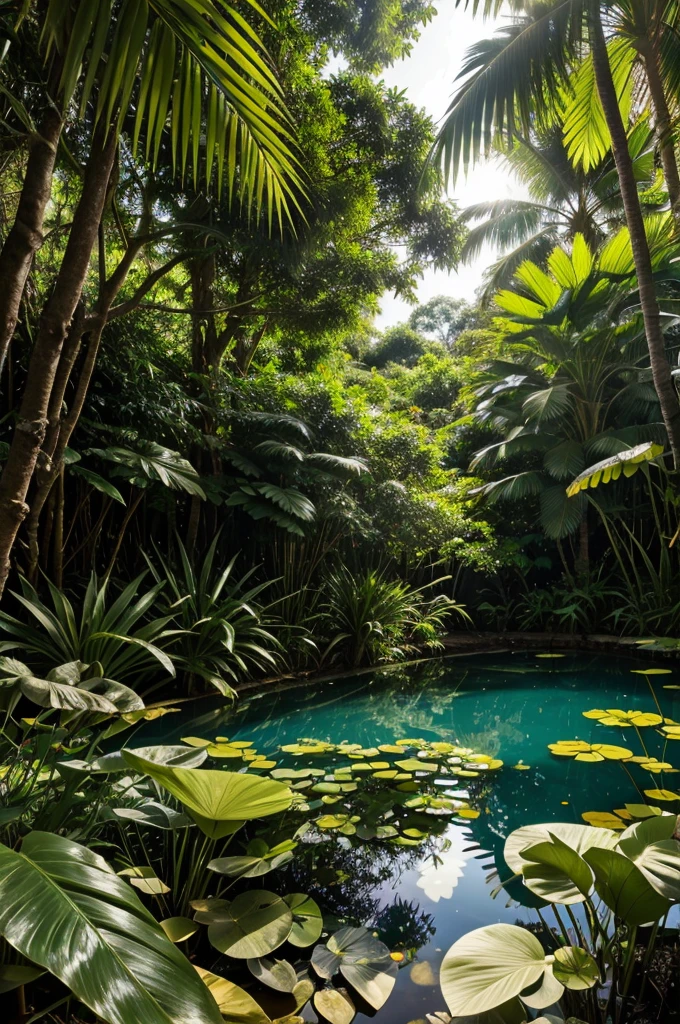 Transition to a serene pond within the jungle, illuminated by dappled sunlight.