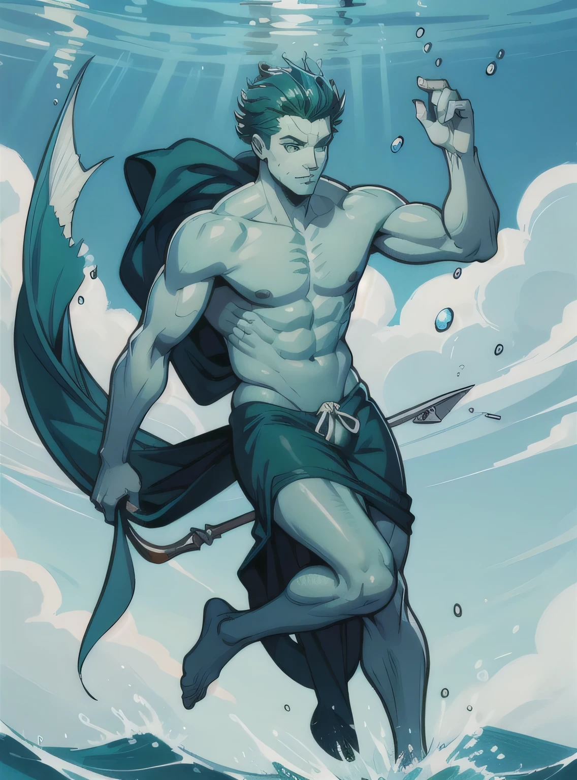 full body, swimming, fish man, merman, trident in hand, cloth clothes, green skin, fish bowl, throwing the spear, fundo branco
