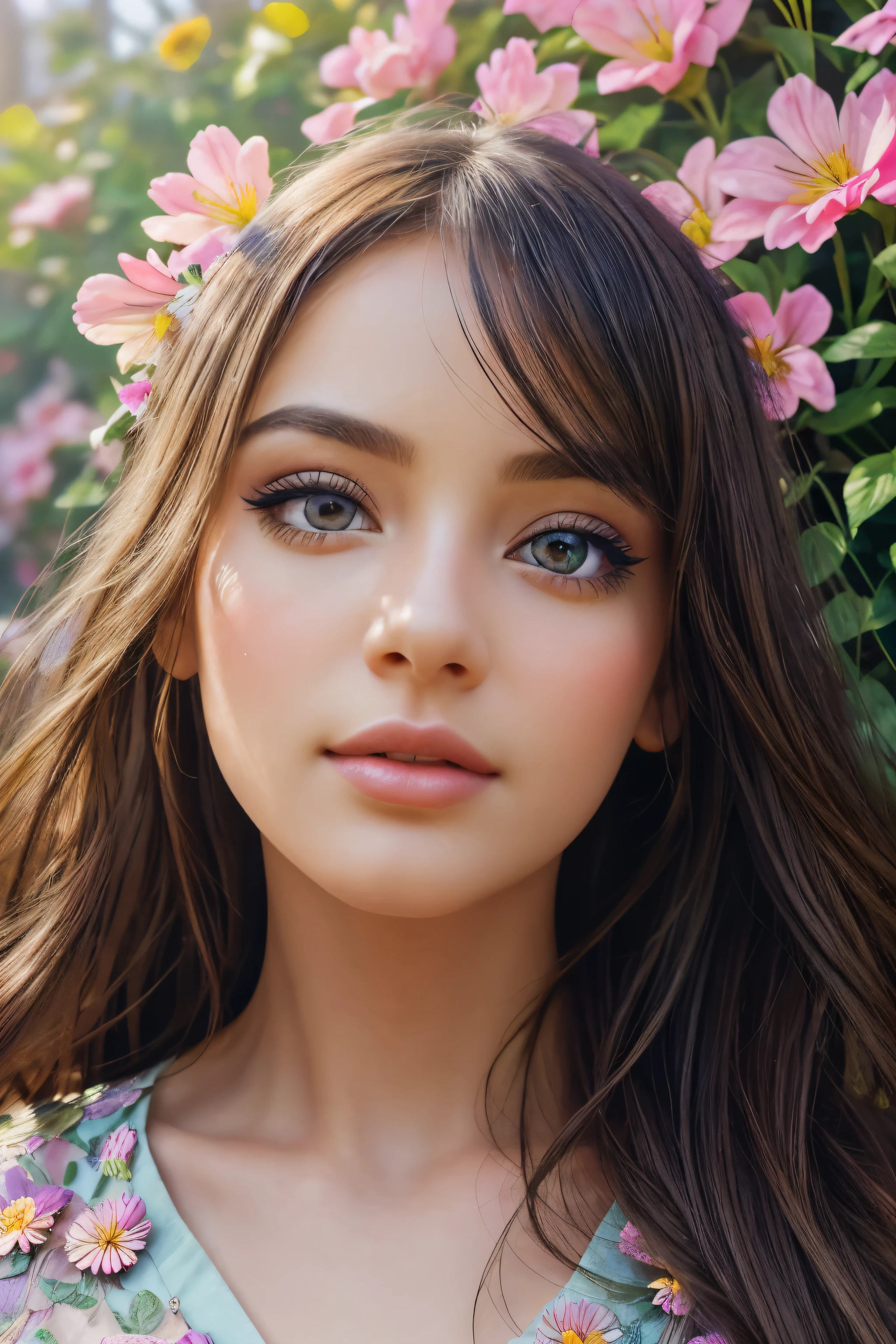 1 cute , beautiful detailed eyes, beautiful detailed lips, extremely detailed eyes and face, longeyelashes, girl in a garden, colorful flowers, sunlight, warm colors, glowing lighting, detailed foliage, impressionistic art style, vibrant colors, fantasy, magical, whimsical, highly detailed, 8k, best quality, masterpiece, photorealistic