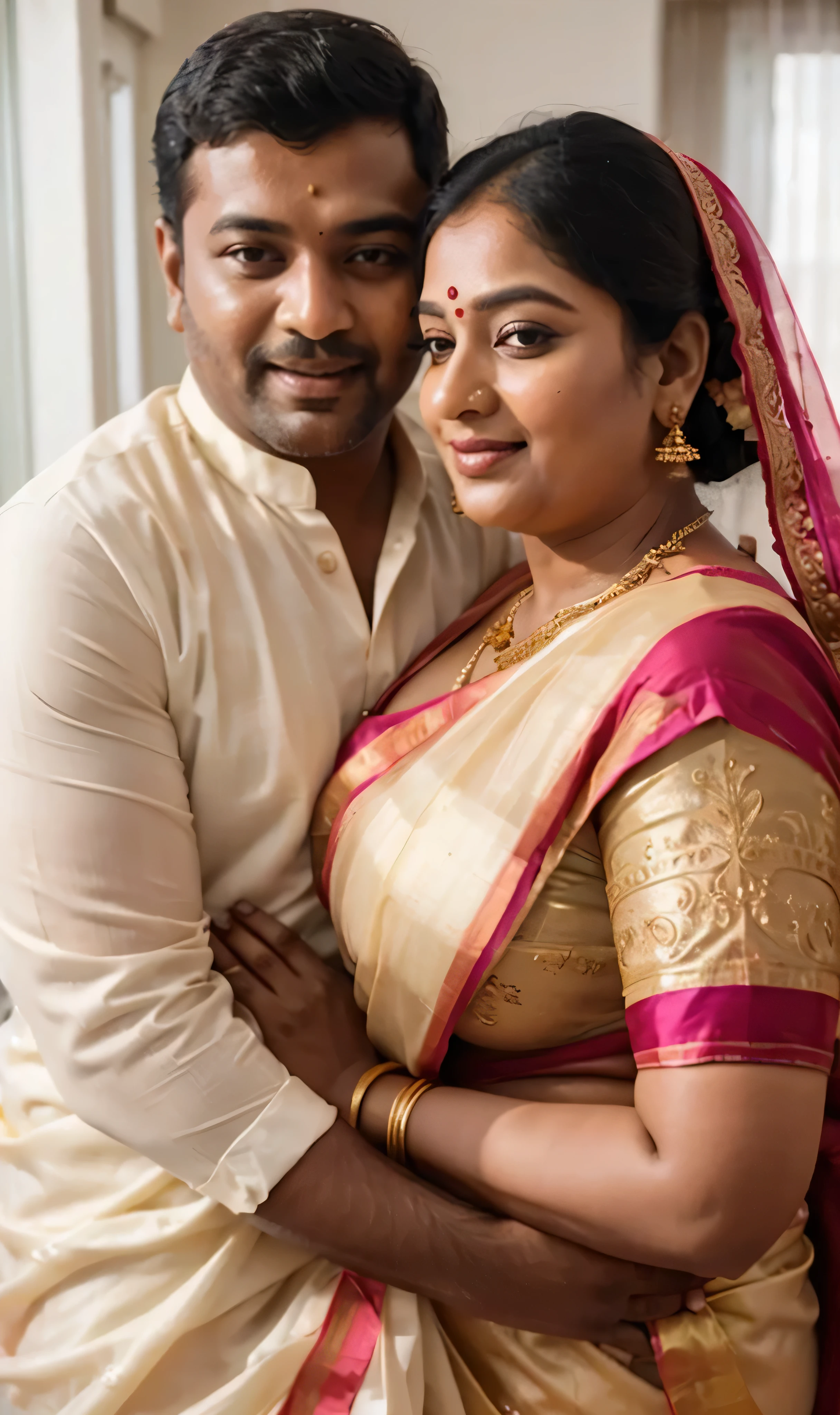 A radiant, full-figured South Indian 45 year old bride ( surrounded by a group of men)wearing a transparent cream colour silky saree standing in a living room, , captured in a full-body image with vibrant hues and meticulous details. Full body image